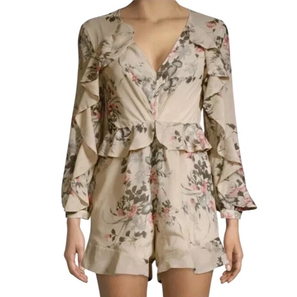 Few Moda Floral Ruffle Romper Womens Small Beige Long Sleeve V-Neck Romantic